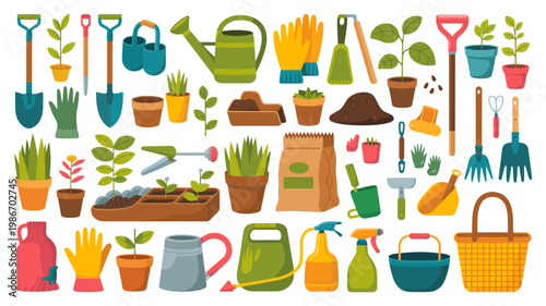 A colorful collection of gardening tools and plants are displayed including shovels watering cans gloves and potted greenery high quality professional detailed modern elegant stylish clean