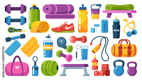 A colorful collection of fitness equipment is displayed including weights yoga mats water bottles and accessories for a workout routine high quality professional detailed modern elegant