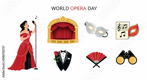 World Opera Day graphic elements featuring a female singer theater stage masquerade masks and binoculars