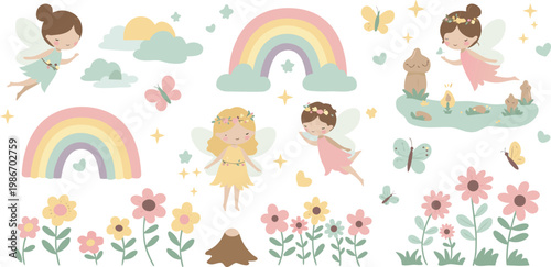 Happy mother and daughter cartoon illustration with love, rainbow and family joy