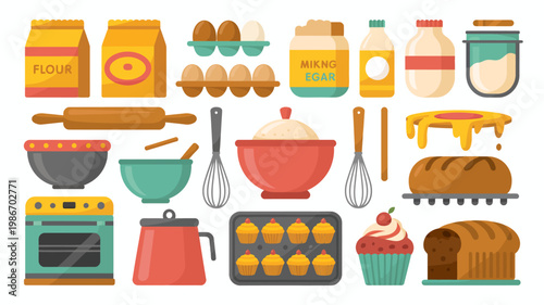 A colorful flat lay illustration showcases various baking ingredients and finished goods including flour eggs and a decorated cupcake high quality professional detailed modern elegant stylish