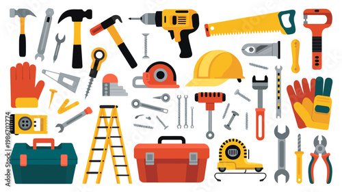 A colorful collection of various hand and power tools safety equipment and toolboxes is displayed on a clean white background high quality professional detailed modern elegant