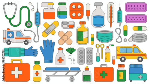 A colorful illustration depicts various medical tools and equipment including syringes pills ambulances and a first aid kit high quality professional detailed modern elegant stylish clean