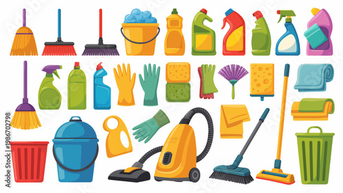 A colorful illustration depicts various cleaning supplies and tools including brushes mops buckets spray bottles and a vacuum cleaner high quality professional detailed modern elegant stylish