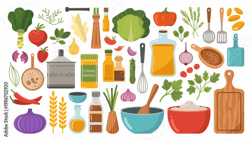 A colorful flat lay illustration depicts a variety of fresh produce spices cooking utensils and ingredients for healthy food preparation high quality professional detailed modern elegant