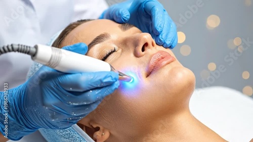 Woman receiving blue light therapy around her eye from a professional using an advanced aesthetic device in a clinic