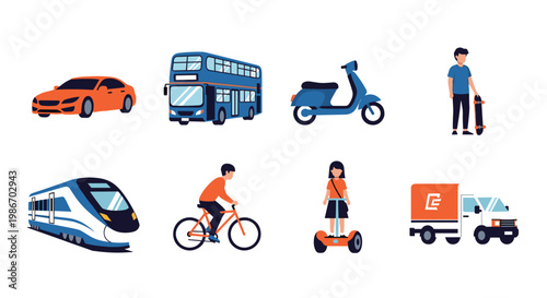 Urban Transport and City Mobility Icons Set with Car, Bus, Train, Scooter, Bicycle and Segway, Public and Personal Transportation Vector