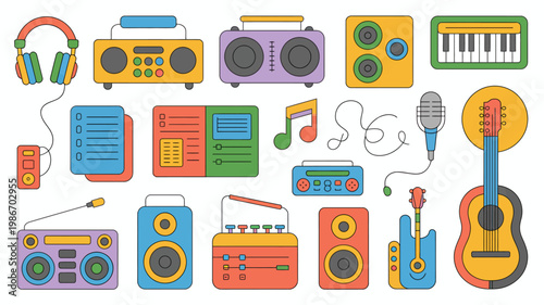 A colorful assortment of vintage audio equipment is displayed including radios headphones speakers a guitar and musical notes high quality professional detailed modern elegant stylish clean