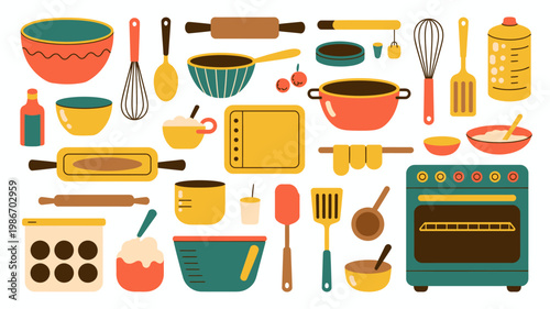 A colorful illustration depicts various baking and cooking tools arranged on a white background including pots pans and utensils high quality professional detailed modern elegant stylish