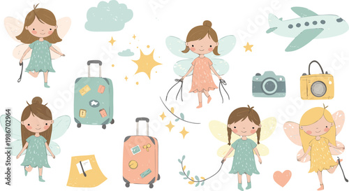 Traveling woman with luggage and accessories in a whimsical illustration style