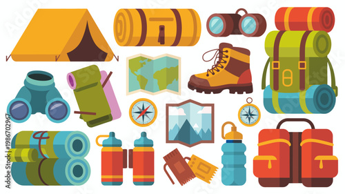 A colorful illustration depicts various camping equipment including a tent backpack binoculars map and water bottles arranged on a white background high quality professional detailed modern