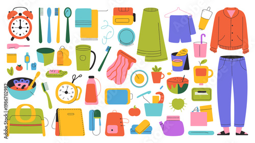 A colorful flat lay illustration showcases a variety of everyday objects including clothing toiletries food and accessories arranged on a white background high quality professional detailed