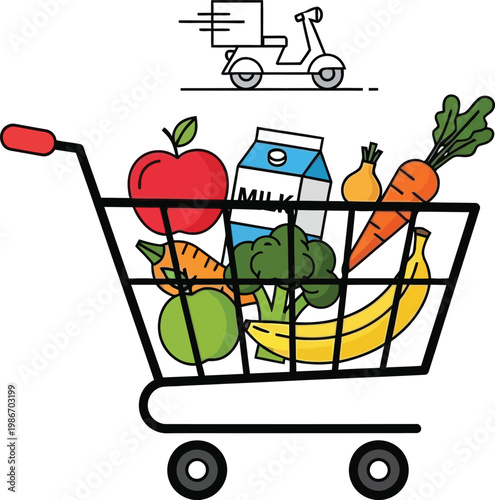 Shopping Cart Full of Groceries with Scooter Delivery Icon