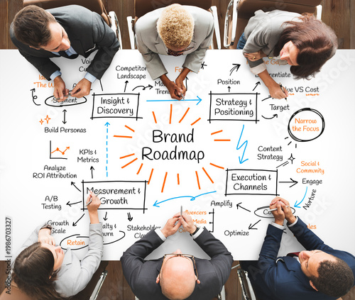 Top view of diverse team brainstorming a Brand Roadmap on a whiteboard.