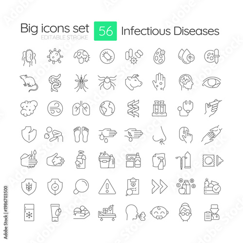 Infectious diseases line icons set. Illness spread. Medical treatment. Allergy symptoms, clinical diagnostics. Isolated vector outline illustrations. Thin lineart iconset symbols. Editable stroke