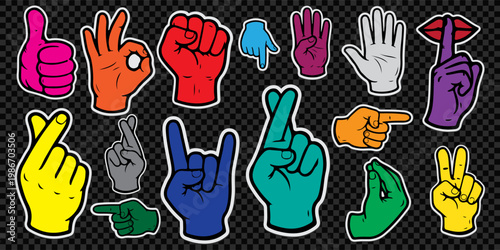 Collection of colorful hand gestures and finger signals stickers. Hand drawn cartoon arms showing thumbs up, okay, peace sign, fist and heart isolated on dark background.