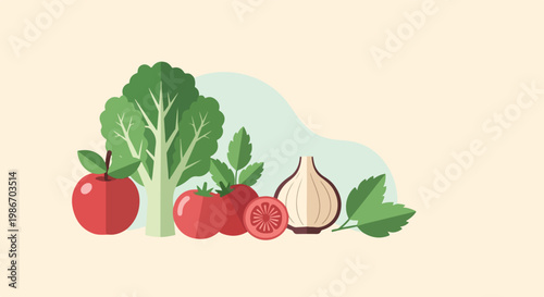A minimalist flat vector illustration features fresh produce like an apple, leafy greens, tomatoes, and garlic on a soft, pastel-colored background.