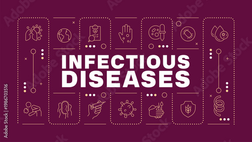 Infectious diseases pink red word concept. Medical examination, ill person. Laboratory research. Horizontal vector image. Headline text surrounded by editable outline icons. Hubot Sans font used