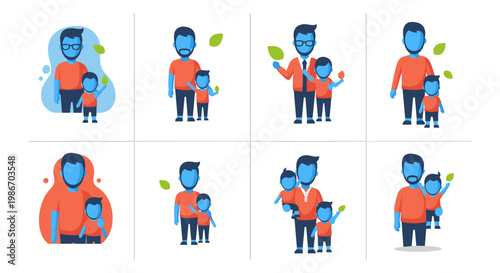 Illustrated family bonding moments with parents and children in various poses