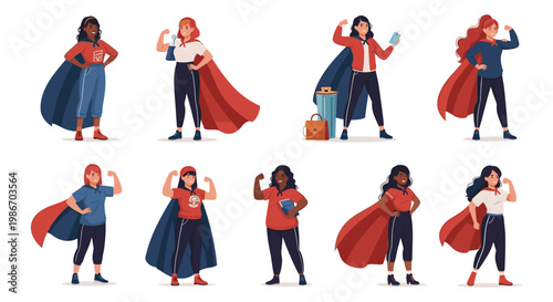 Eight diverse women in superhero costumes striking confident poses, vibrant colors