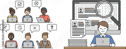 Team Collaboration and Job Application Review with Laptops and Magnifying Glass