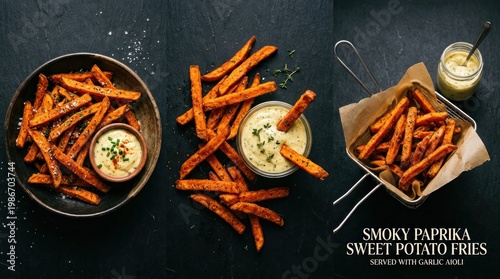 Delicious Smoky Paprika Sweet Potato Fries with Dip on Black Surface.