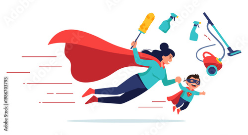 Illustration of a superhero mom flying with her child, holding cleaning tools