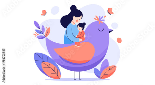 Mother and child riding on a colorful bird, surrounded by flowers and leaves