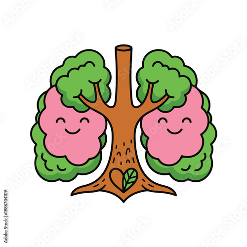 Sustainable healthcare concept illustrated with a smiling tree and lungs