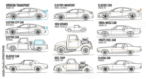 Collection of Hand Drawn Car Illustrations Showing Different Eras and Types.