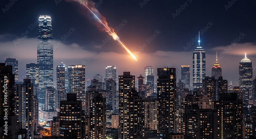 Obraz premium Meteorite streaks across city skyline at night.