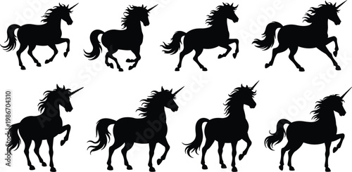 Unicorn silhouettes set running poses, fantasy horse vector illustration, magical creature collection for fairytale design projects