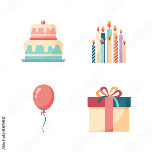 Birthday celebration essentials - cake, candles, balloon, and gift box.