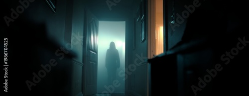 Mysterious figure standing in dark hallway with foggy atmosphere  