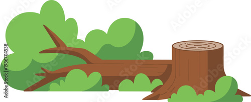 Fallen tree and stump illustration, deforestation concept vector design, forest logging scene with nature elements