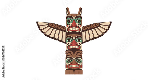 Totem pole, Native American, bird, tribal, wood carving, colorful, symbolic, illustration