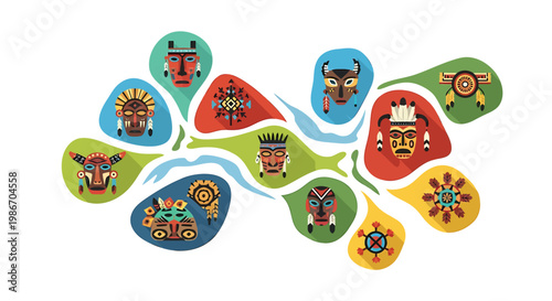 Vibrant indigenous faces and symbols united in harmony with nature and culture on a white background