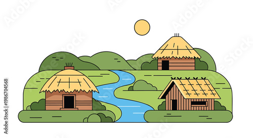 Traditional indigenous village with straw huts by a winding river under a sunny sky