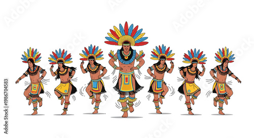 Native american dancers performing traditional tribal dance with colorful headdresses and costumes