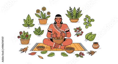 Native american man sitting with plants and herbs in a traditional setting surrounded by potted plants and natural elements on a colorful rug
