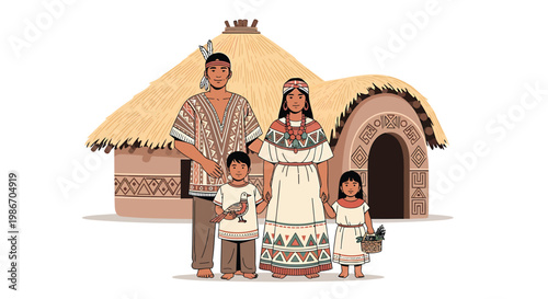 Indigenous family standing in front of traditional hut with thatched roof and brick doorway cultural heritage scene