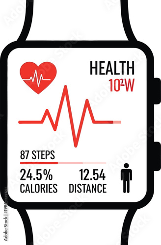 Smartwatch displaying health metrics: heart rate, steps, calories, distance