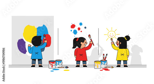 Children Painting Colorful Artwork Together.