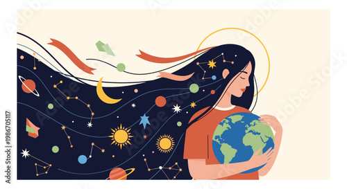 Woman with long hair holding Earth, surrounded by stars, planets, and cosmic elements