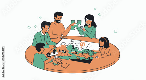 Family playing puzzle game together indoors.