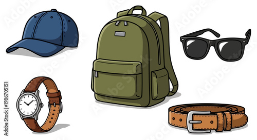 Green backpack and travel accessories.