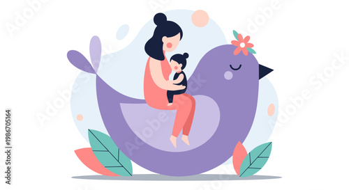 Illustration of a woman sitting on a bird with a cat, vector illustration