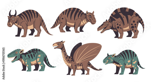 Group of toy dinosaurs standing together 1.