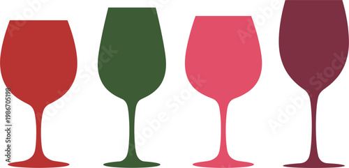 Colorful wine glass silhouettes set, modern drinkware vector illustration, minimal bar beverage icons collection design