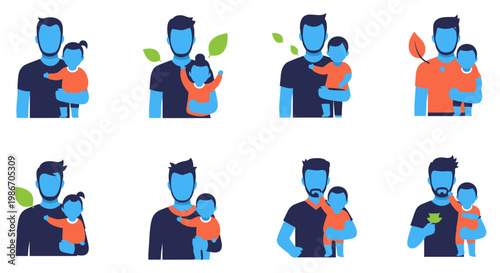 Collection of flat illustrations depicting fathers carrying their children in various poses